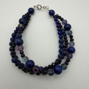 Three strands of Lapis Lazuli, Fluorite, and Sandstone beaded bracelet w/ 925!